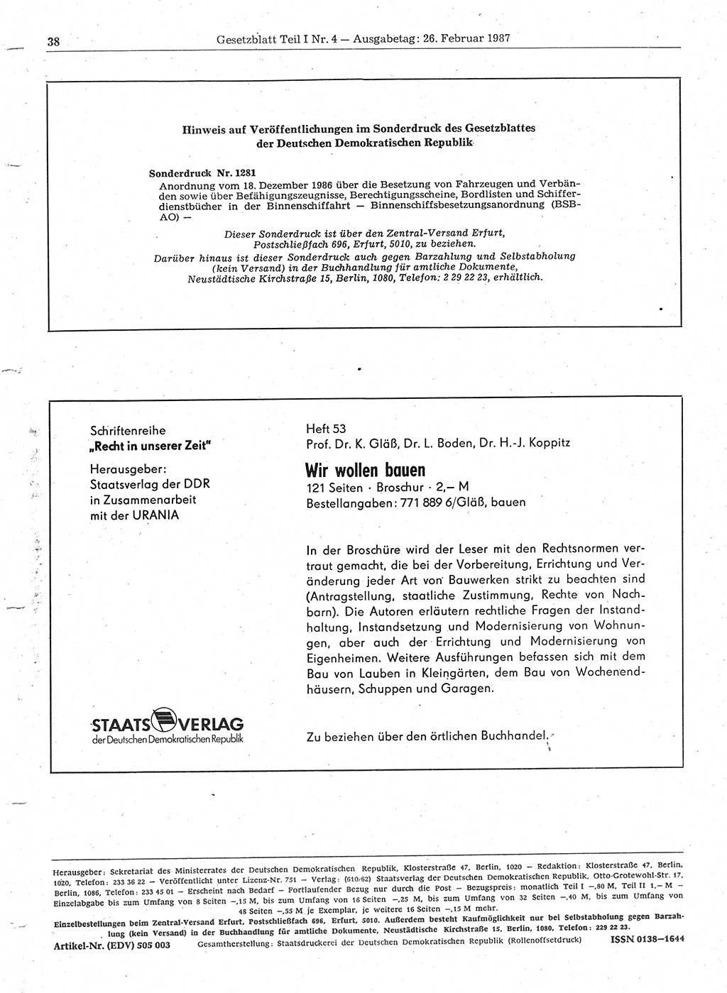 Gesetzblatt (GBl.) der Deutschen Demokratischen Republik (DDR) Teil Ⅰ 1987, Seite 38 (GBl. DDR Ⅰ 1987, S. 38)