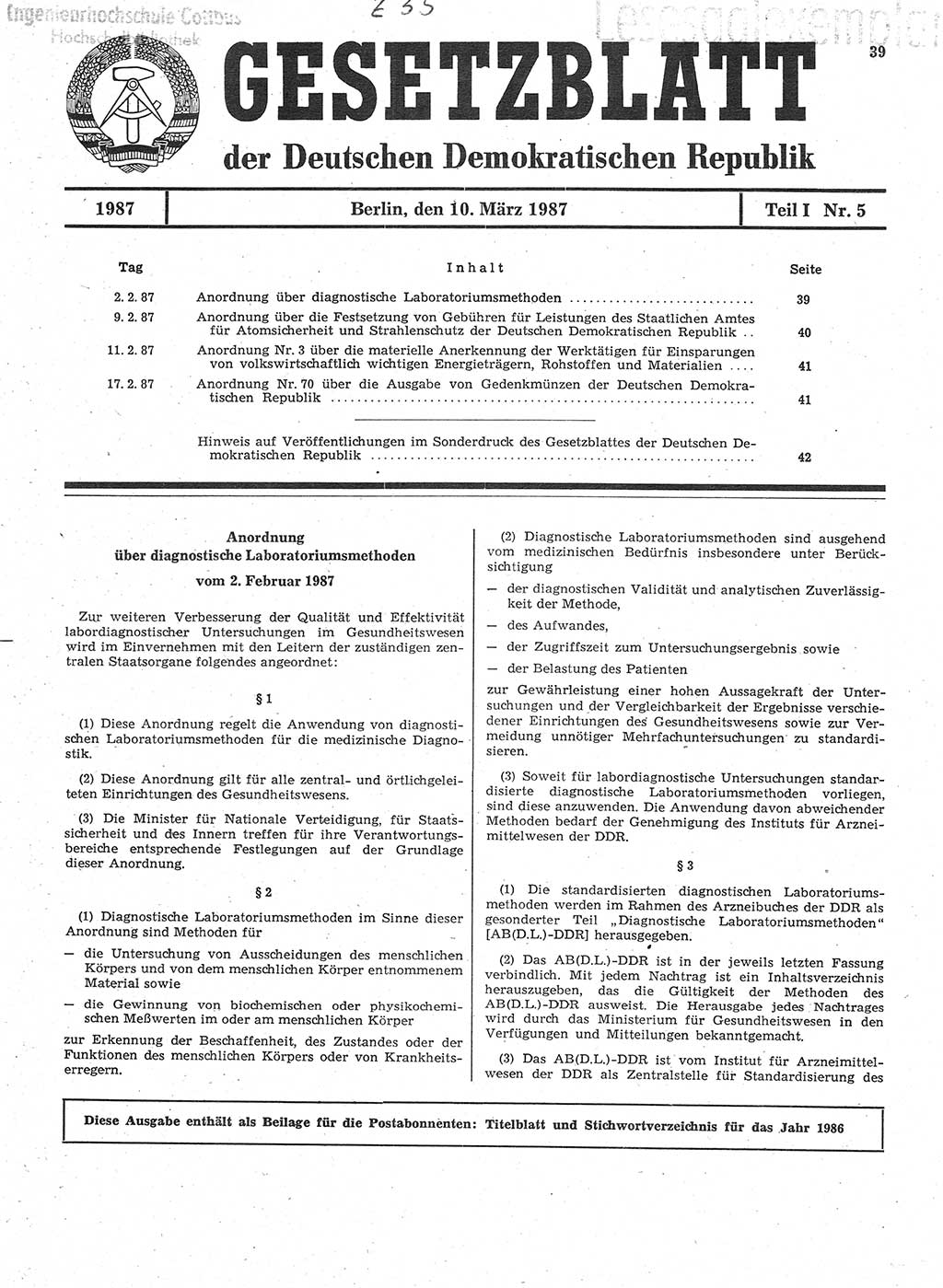 Gesetzblatt (GBl.) der Deutschen Demokratischen Republik (DDR) Teil Ⅰ 1987, Seite 39 (GBl. DDR Ⅰ 1987, S. 39)