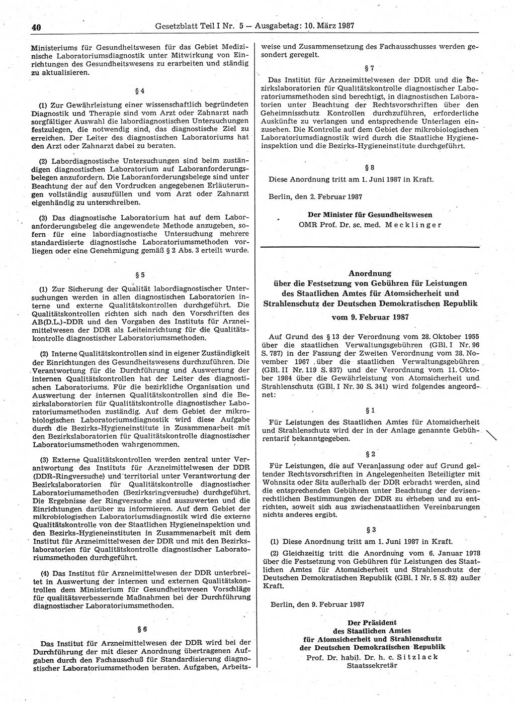 Gesetzblatt (GBl.) der Deutschen Demokratischen Republik (DDR) Teil Ⅰ 1987, Seite 40 (GBl. DDR Ⅰ 1987, S. 40)