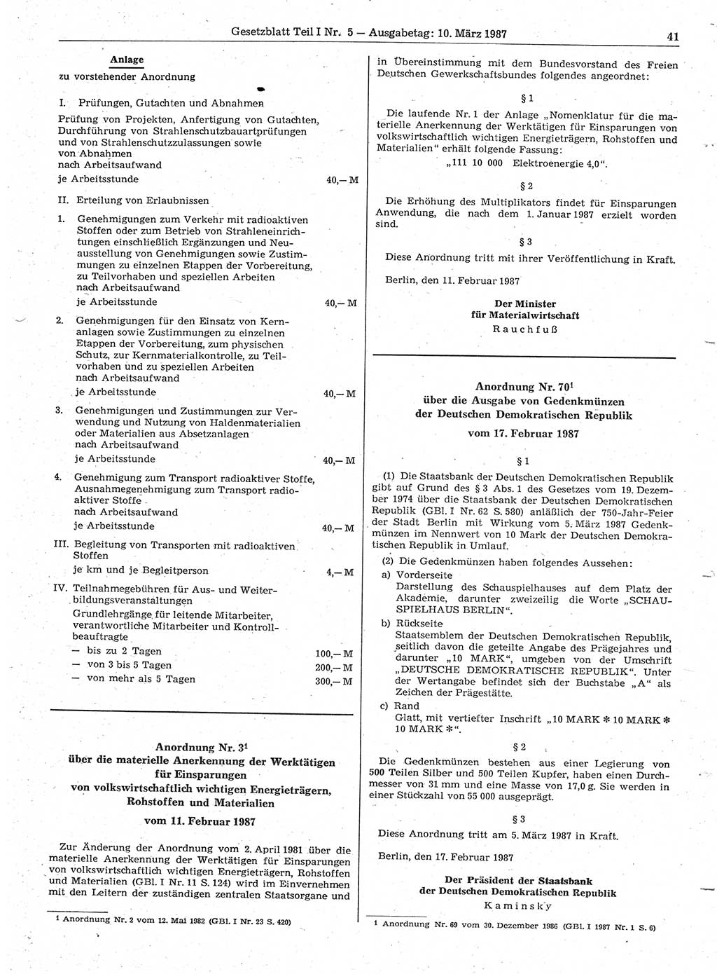 Gesetzblatt (GBl.) der Deutschen Demokratischen Republik (DDR) Teil Ⅰ 1987, Seite 41 (GBl. DDR Ⅰ 1987, S. 41)
