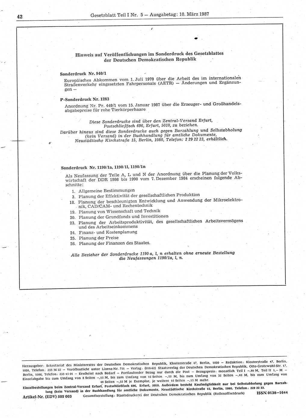 Gesetzblatt (GBl.) der Deutschen Demokratischen Republik (DDR) Teil Ⅰ 1987, Seite 42 (GBl. DDR Ⅰ 1987, S. 42)