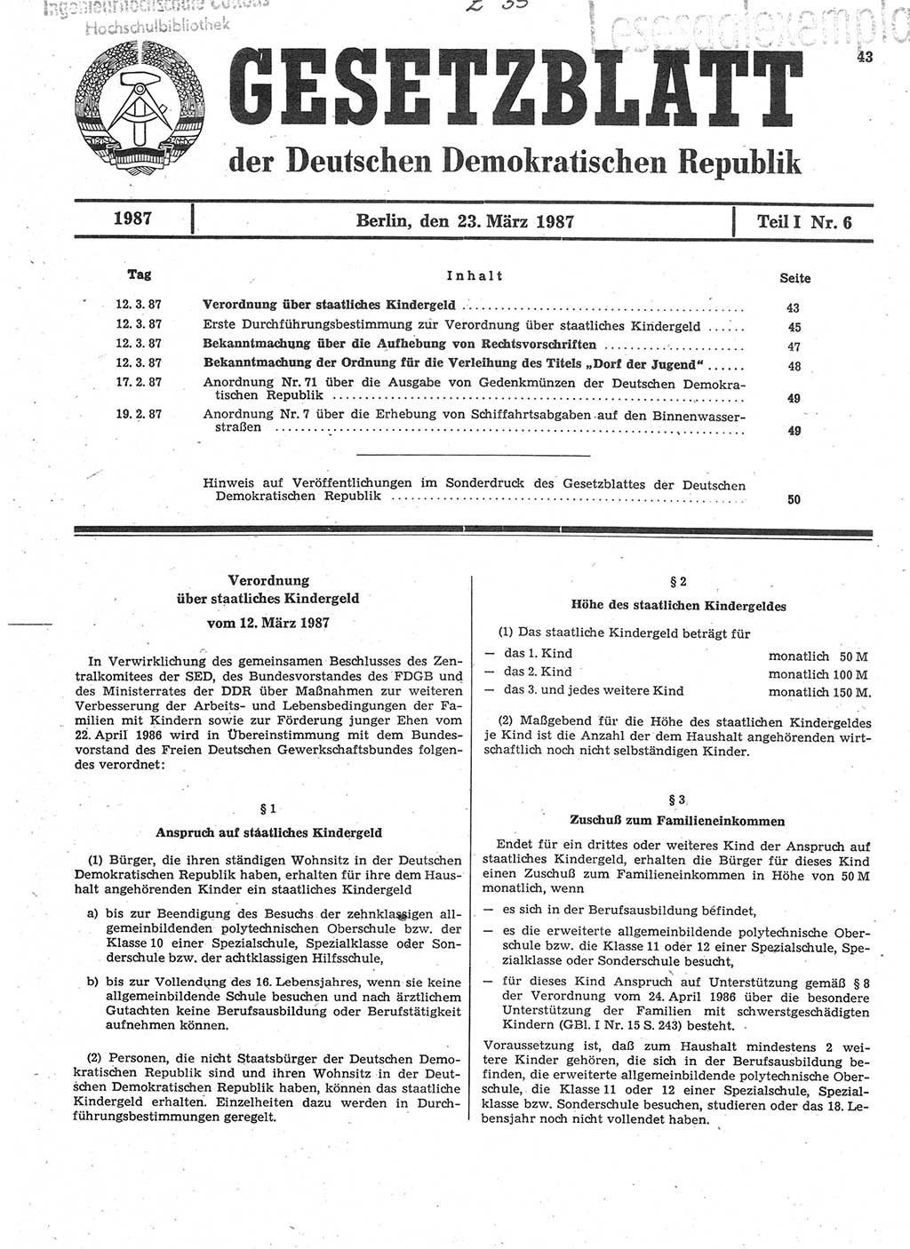 Gesetzblatt (GBl.) der Deutschen Demokratischen Republik (DDR) Teil Ⅰ 1987, Seite 43 (GBl. DDR Ⅰ 1987, S. 43)