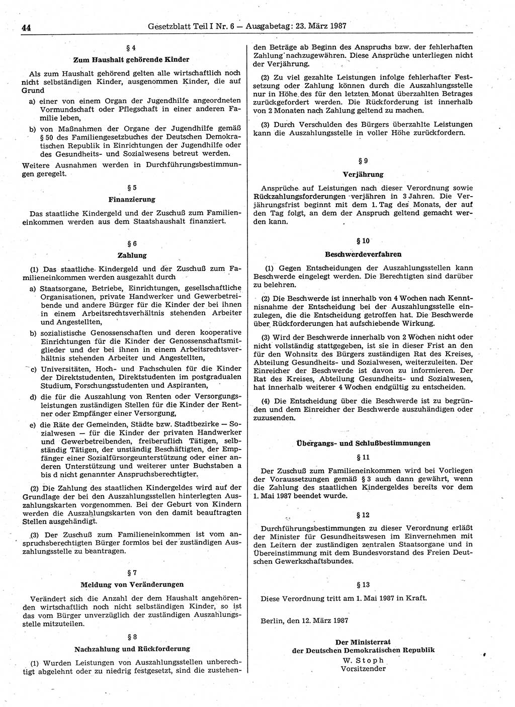 Gesetzblatt (GBl.) der Deutschen Demokratischen Republik (DDR) Teil Ⅰ 1987, Seite 44 (GBl. DDR Ⅰ 1987, S. 44)