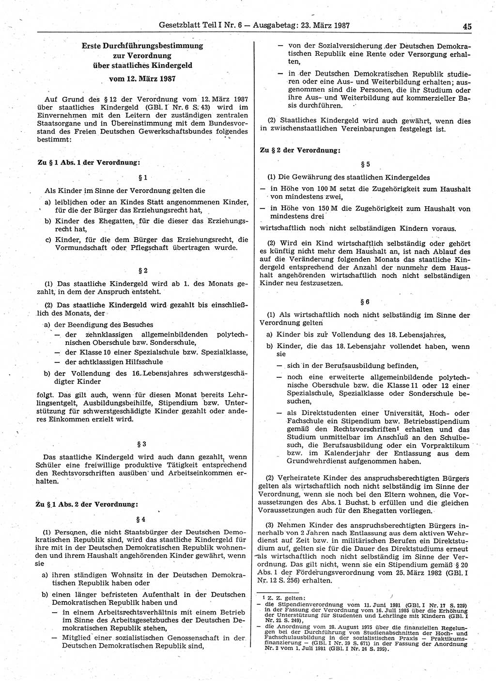 Gesetzblatt (GBl.) der Deutschen Demokratischen Republik (DDR) Teil Ⅰ 1987, Seite 45 (GBl. DDR Ⅰ 1987, S. 45)