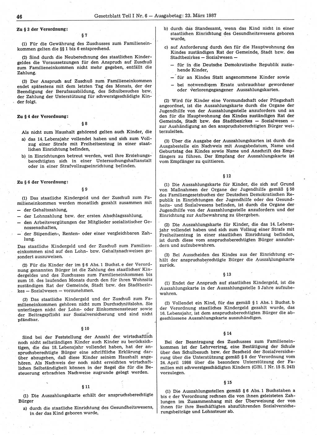 Gesetzblatt (GBl.) der Deutschen Demokratischen Republik (DDR) Teil Ⅰ 1987, Seite 46 (GBl. DDR Ⅰ 1987, S. 46)