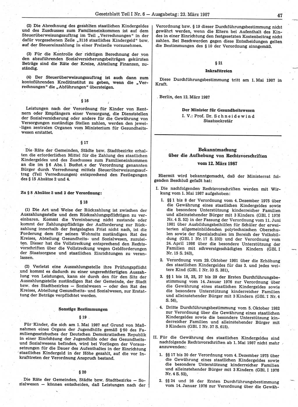 Gesetzblatt (GBl.) der Deutschen Demokratischen Republik (DDR) Teil Ⅰ 1987, Seite 47 (GBl. DDR Ⅰ 1987, S. 47)