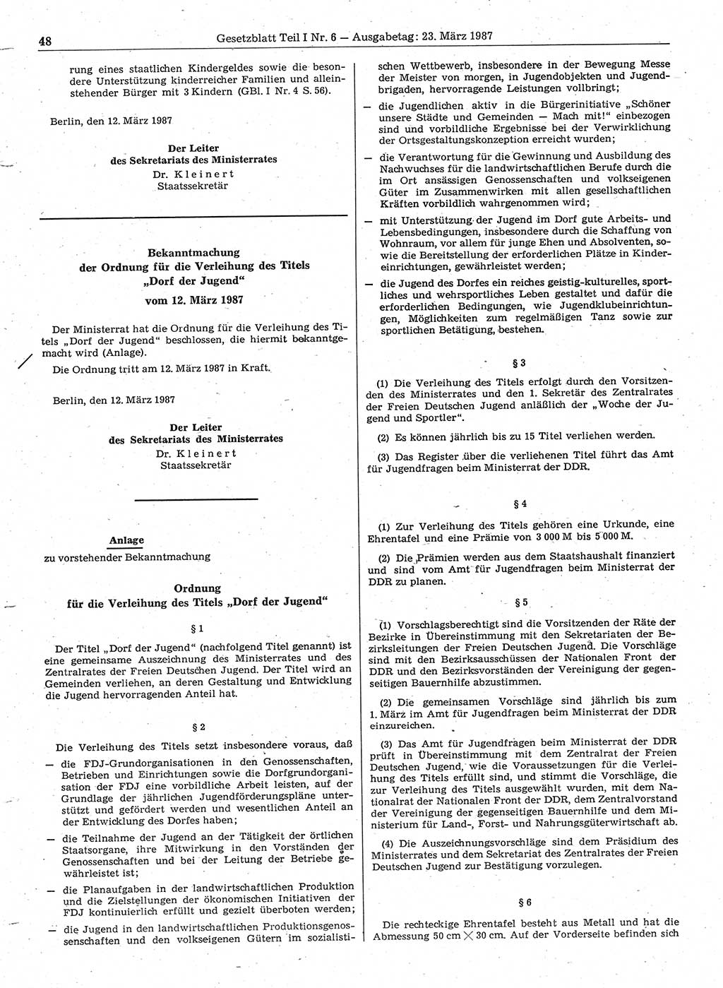 Gesetzblatt (GBl.) der Deutschen Demokratischen Republik (DDR) Teil Ⅰ 1987, Seite 48 (GBl. DDR Ⅰ 1987, S. 48)