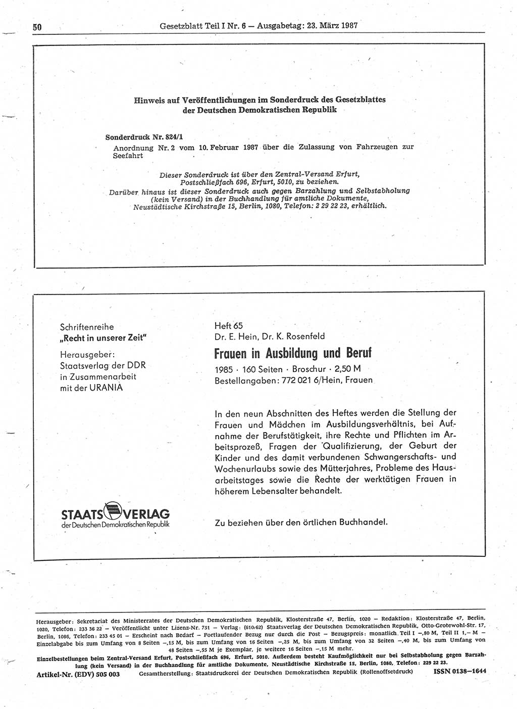 Gesetzblatt (GBl.) der Deutschen Demokratischen Republik (DDR) Teil Ⅰ 1987, Seite 50 (GBl. DDR Ⅰ 1987, S. 50)