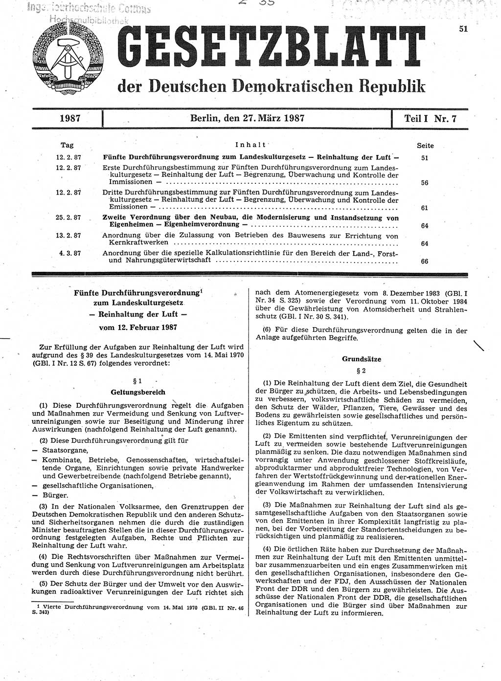 Gesetzblatt (GBl.) der Deutschen Demokratischen Republik (DDR) Teil Ⅰ 1987, Seite 51 (GBl. DDR Ⅰ 1987, S. 51)