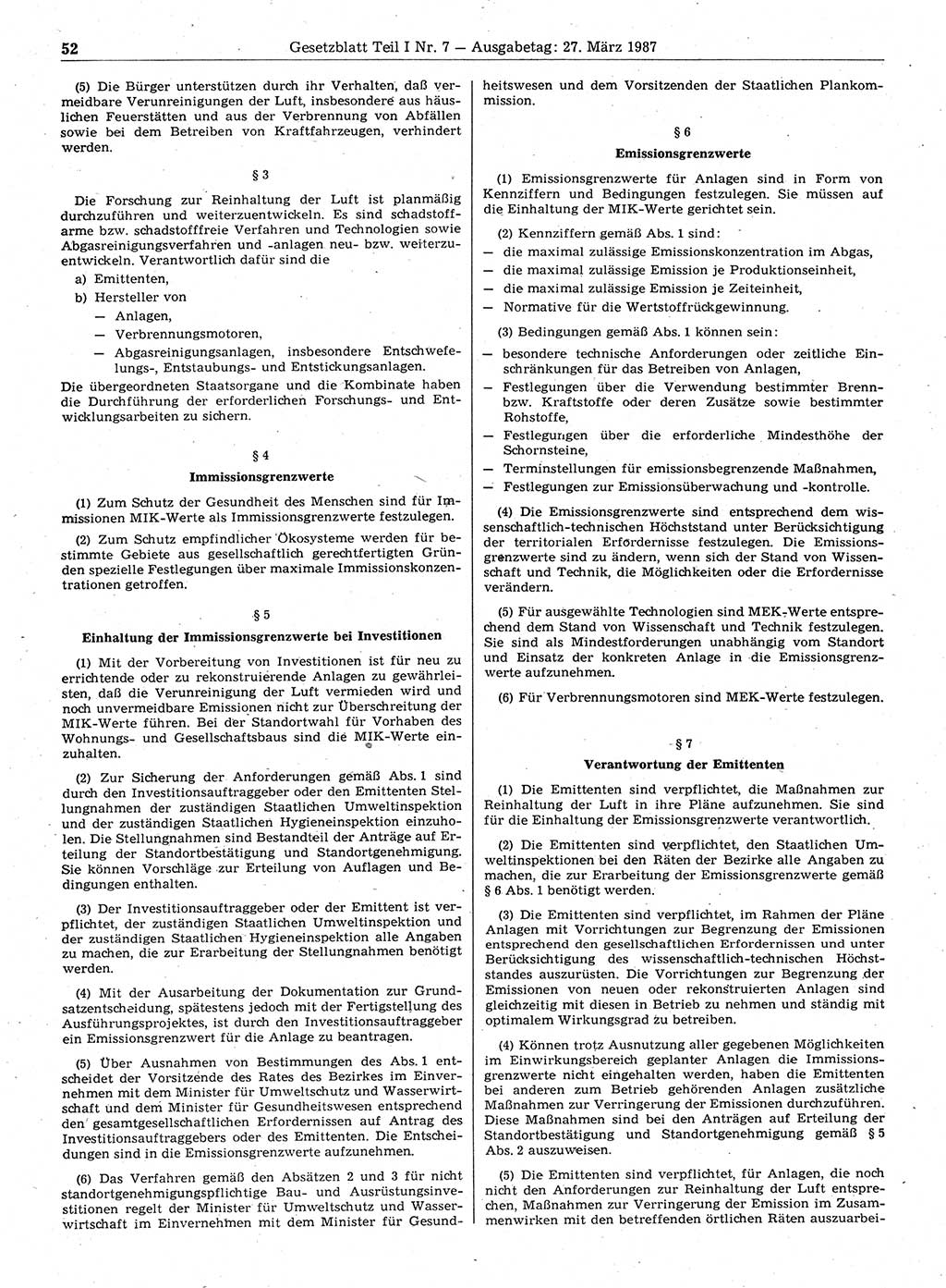 Gesetzblatt (GBl.) der Deutschen Demokratischen Republik (DDR) Teil Ⅰ 1987, Seite 52 (GBl. DDR Ⅰ 1987, S. 52)