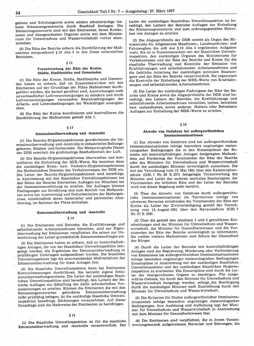 Gesetzblatt (GBl.) der Deutschen Demokratischen Republik (DDR) Teil Ⅰ 1987, Seite 54 (GBl. DDR Ⅰ 1987, S. 54)