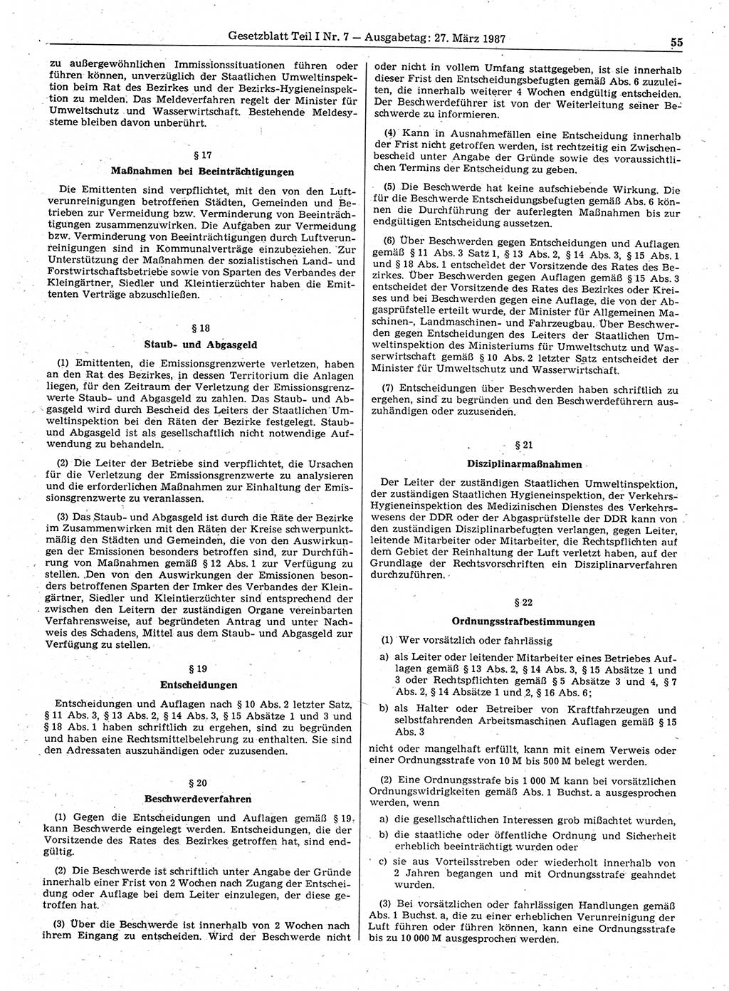 Gesetzblatt (GBl.) der Deutschen Demokratischen Republik (DDR) Teil Ⅰ 1987, Seite 55 (GBl. DDR Ⅰ 1987, S. 55)