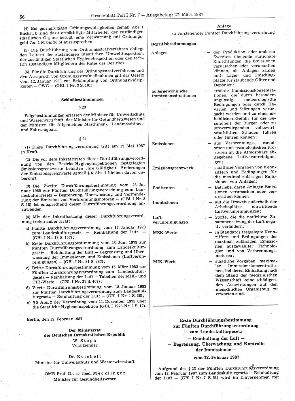 Gesetzblatt (GBl.) der Deutschen Demokratischen Republik (DDR) Teil Ⅰ 1987, Seite 56 (GBl. DDR Ⅰ 1987, S. 56)
