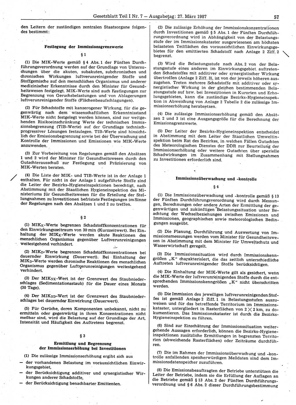 Gesetzblatt (GBl.) der Deutschen Demokratischen Republik (DDR) Teil Ⅰ 1987, Seite 57 (GBl. DDR Ⅰ 1987, S. 57)