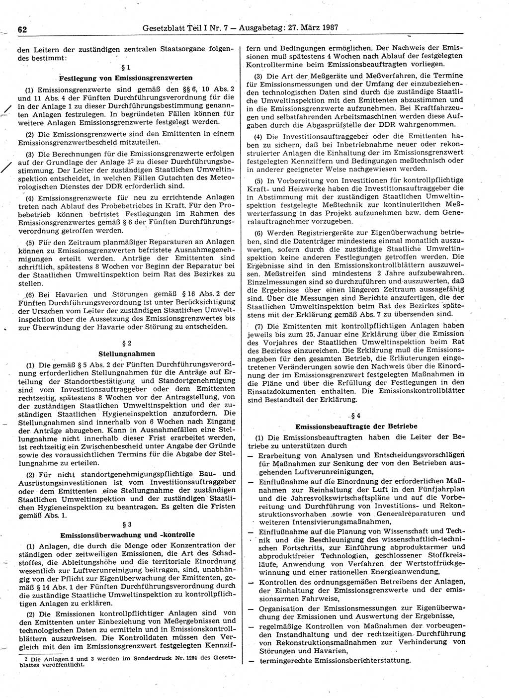 Gesetzblatt (GBl.) der Deutschen Demokratischen Republik (DDR) Teil Ⅰ 1987, Seite 62 (GBl. DDR Ⅰ 1987, S. 62)