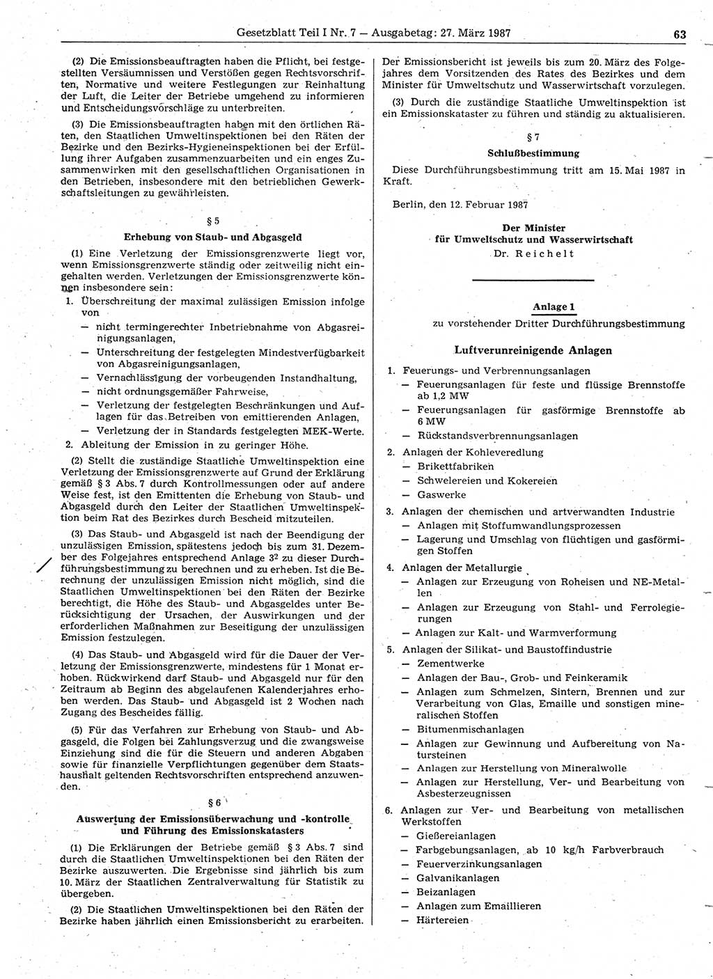 Gesetzblatt (GBl.) der Deutschen Demokratischen Republik (DDR) Teil Ⅰ 1987, Seite 63 (GBl. DDR Ⅰ 1987, S. 63)