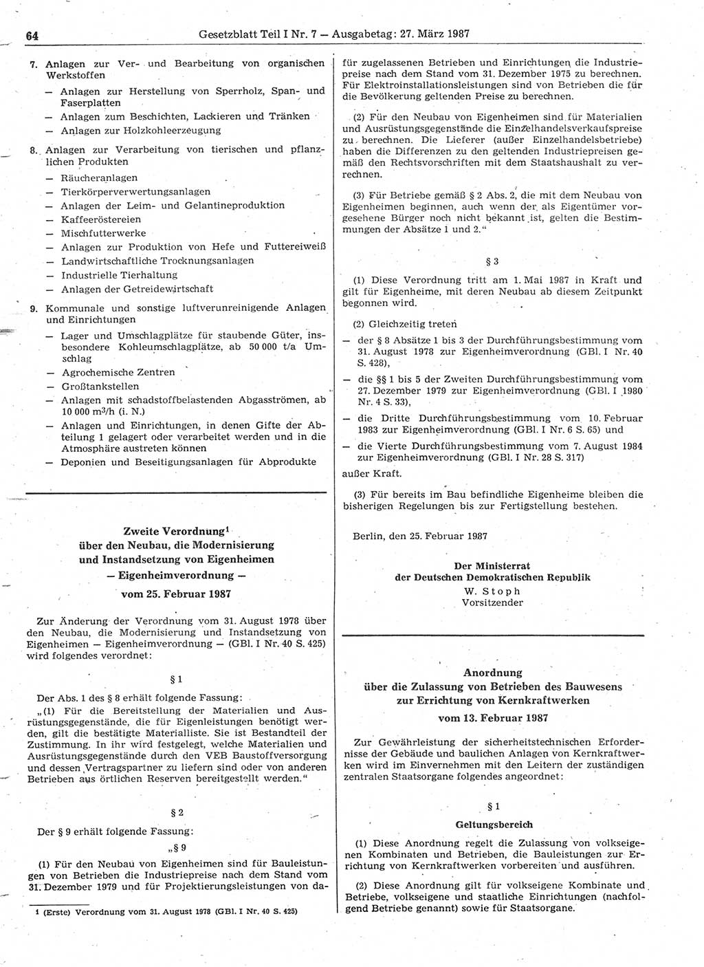 Gesetzblatt (GBl.) der Deutschen Demokratischen Republik (DDR) Teil Ⅰ 1987, Seite 64 (GBl. DDR Ⅰ 1987, S. 64)