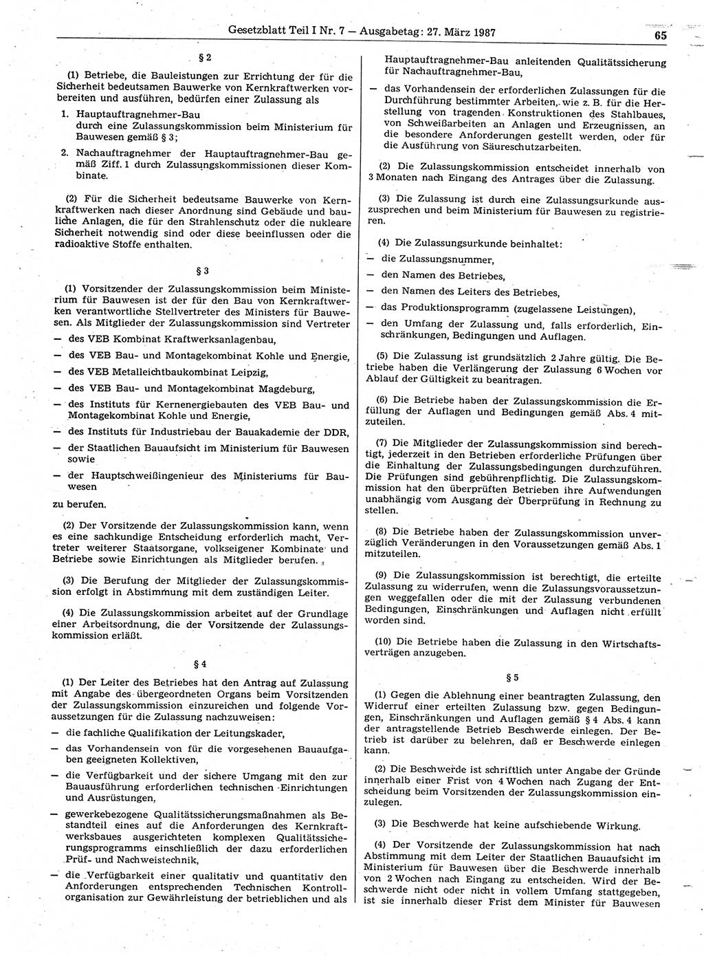 Gesetzblatt (GBl.) der Deutschen Demokratischen Republik (DDR) Teil Ⅰ 1987, Seite 65 (GBl. DDR Ⅰ 1987, S. 65)
