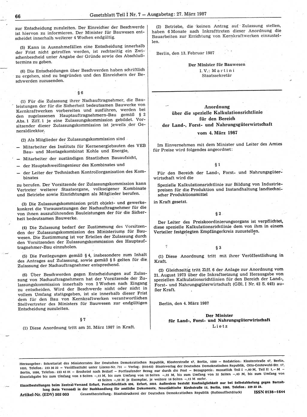 Gesetzblatt (GBl.) der Deutschen Demokratischen Republik (DDR) Teil Ⅰ 1987, Seite 66 (GBl. DDR Ⅰ 1987, S. 66)