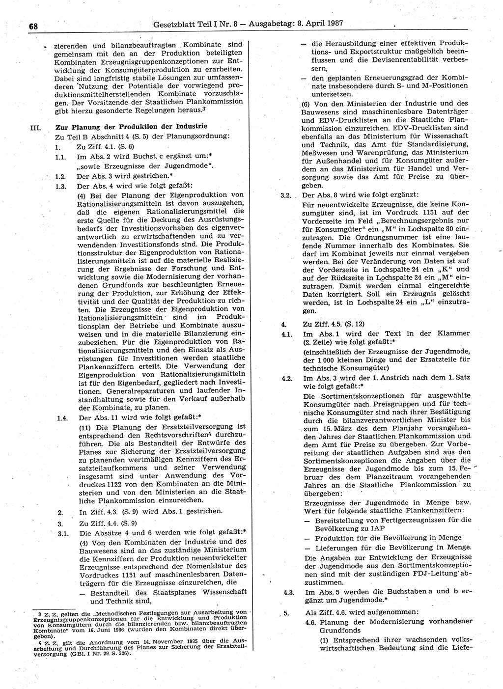 Gesetzblatt (GBl.) der Deutschen Demokratischen Republik (DDR) Teil Ⅰ 1987, Seite 68 (GBl. DDR Ⅰ 1987, S. 68)