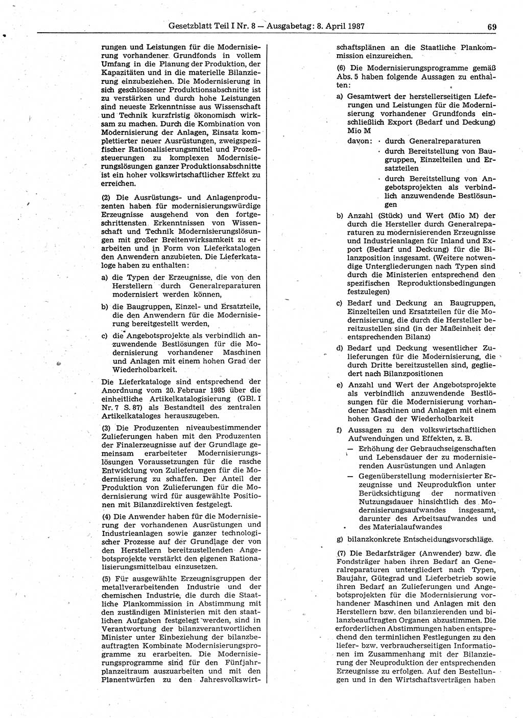 Gesetzblatt (GBl.) der Deutschen Demokratischen Republik (DDR) Teil Ⅰ 1987, Seite 69 (GBl. DDR Ⅰ 1987, S. 69)