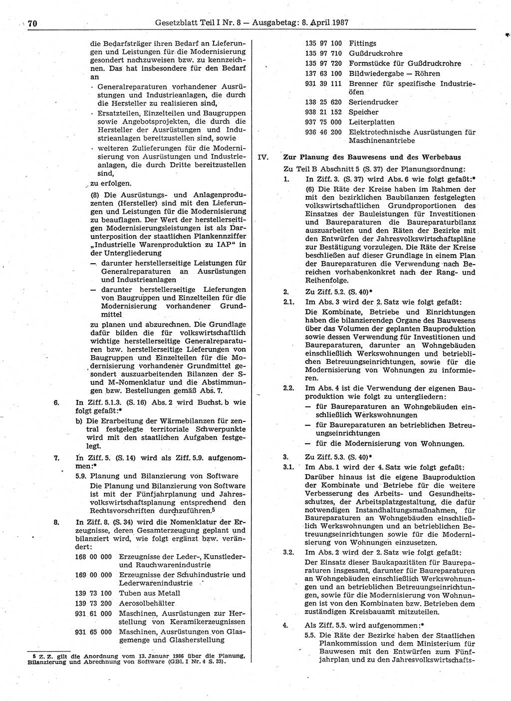 Gesetzblatt (GBl.) der Deutschen Demokratischen Republik (DDR) Teil Ⅰ 1987, Seite 70 (GBl. DDR Ⅰ 1987, S. 70)