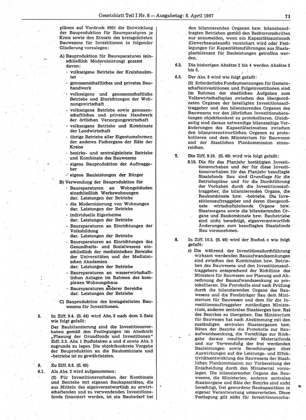 Gesetzblatt (GBl.) der Deutschen Demokratischen Republik (DDR) Teil Ⅰ 1987, Seite 71 (GBl. DDR Ⅰ 1987, S. 71)