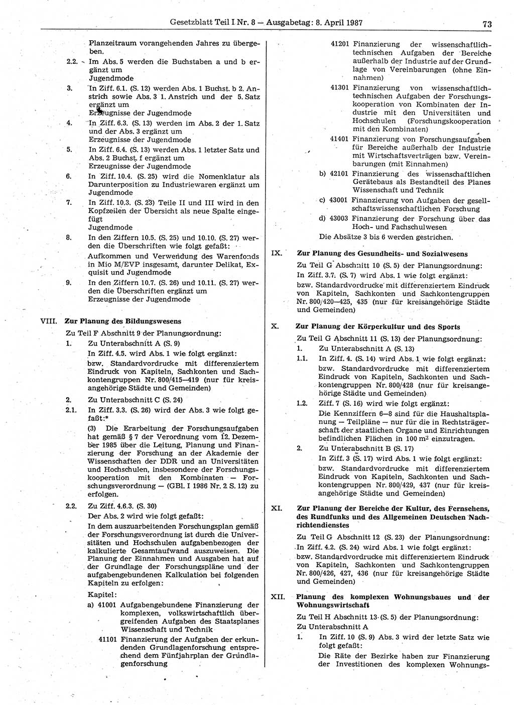 Gesetzblatt (GBl.) der Deutschen Demokratischen Republik (DDR) Teil Ⅰ 1987, Seite 73 (GBl. DDR Ⅰ 1987, S. 73)