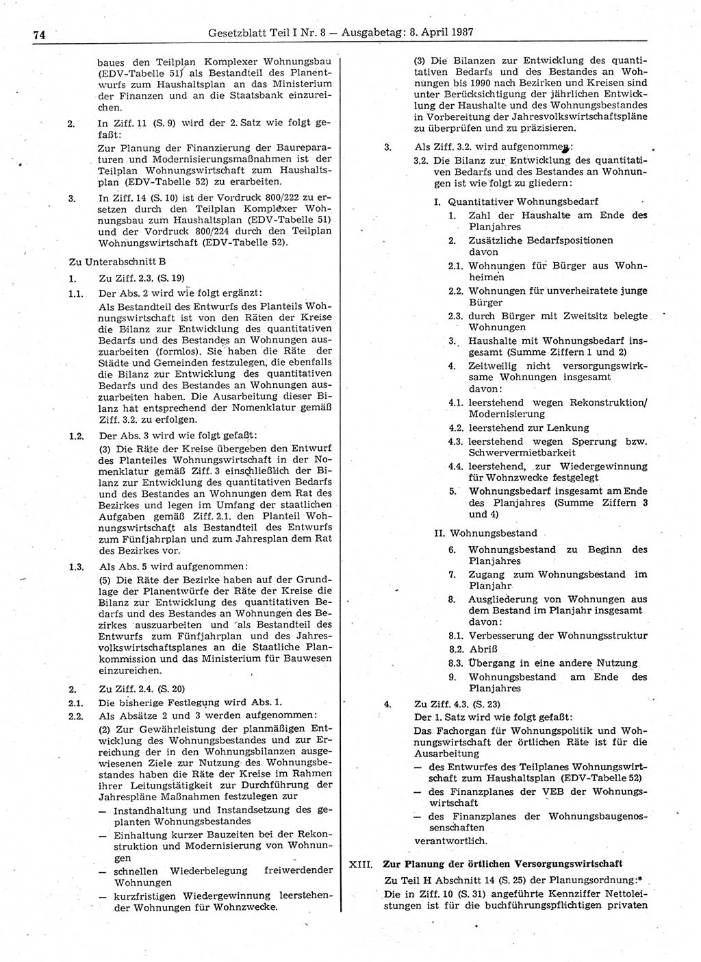 Gesetzblatt (GBl.) der Deutschen Demokratischen Republik (DDR) Teil Ⅰ 1987, Seite 74 (GBl. DDR Ⅰ 1987, S. 74)