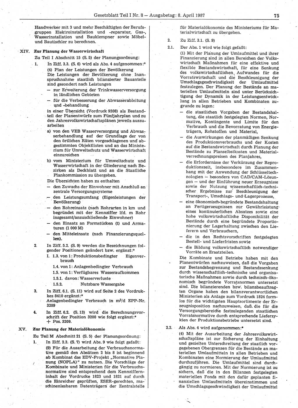 Gesetzblatt (GBl.) der Deutschen Demokratischen Republik (DDR) Teil Ⅰ 1987, Seite 75 (GBl. DDR Ⅰ 1987, S. 75)