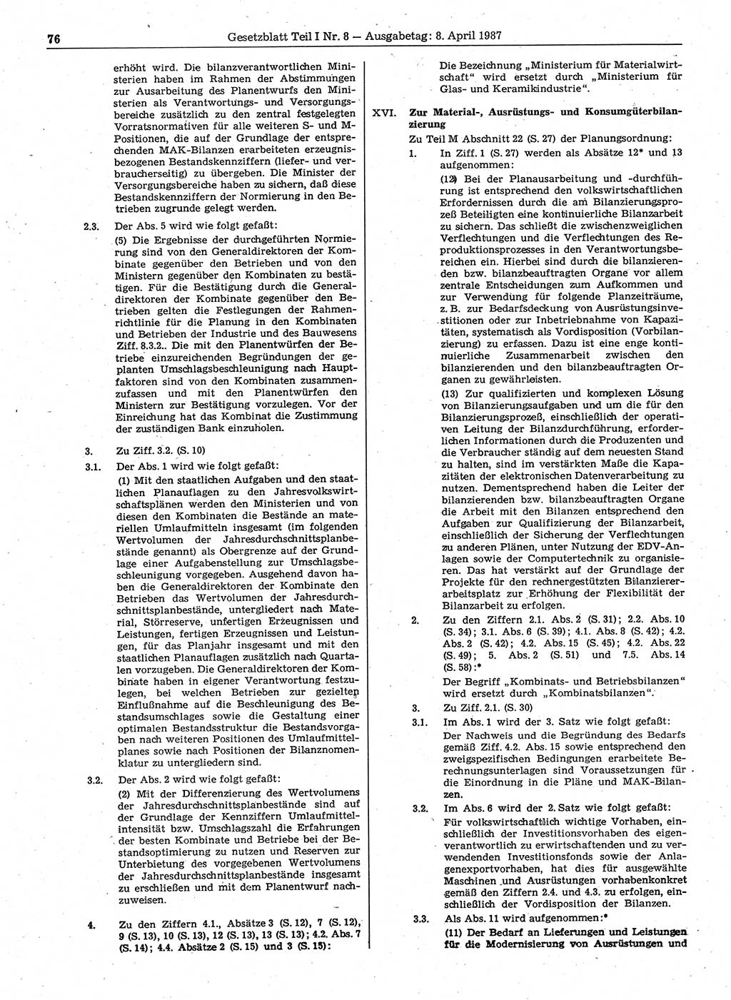 Gesetzblatt (GBl.) der Deutschen Demokratischen Republik (DDR) Teil Ⅰ 1987, Seite 76 (GBl. DDR Ⅰ 1987, S. 76)