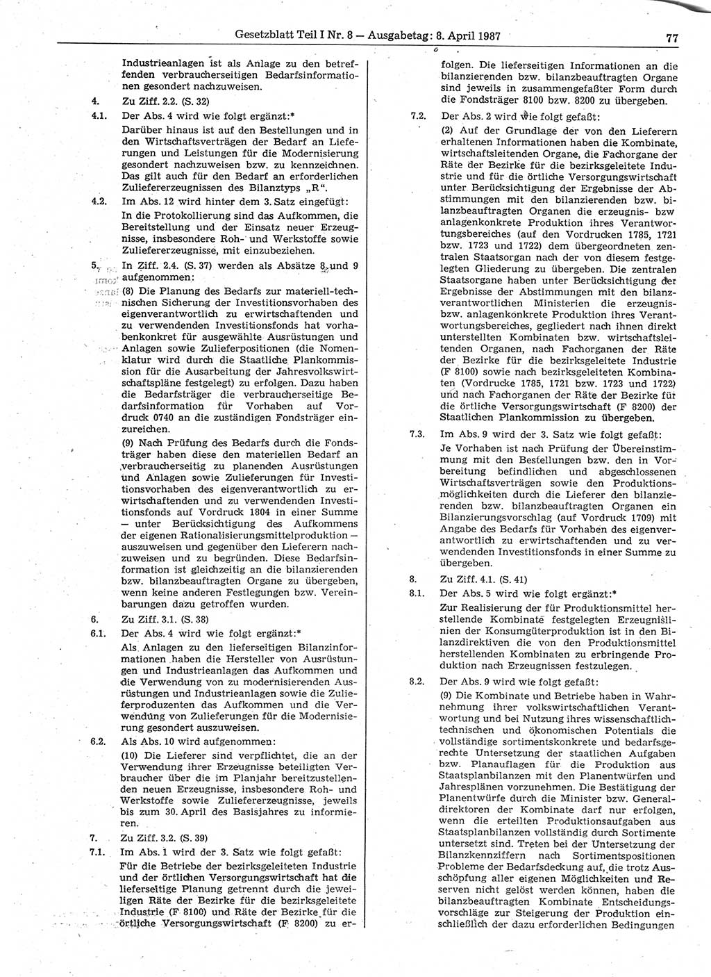 Gesetzblatt (GBl.) der Deutschen Demokratischen Republik (DDR) Teil Ⅰ 1987, Seite 77 (GBl. DDR Ⅰ 1987, S. 77)