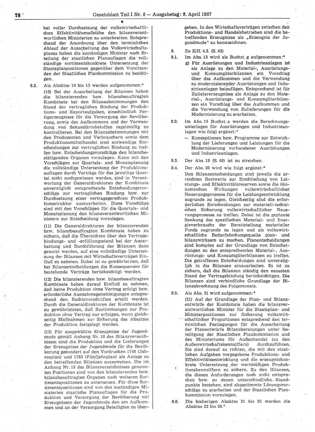 Gesetzblatt (GBl.) der Deutschen Demokratischen Republik (DDR) Teil Ⅰ 1987, Seite 78 (GBl. DDR Ⅰ 1987, S. 78)