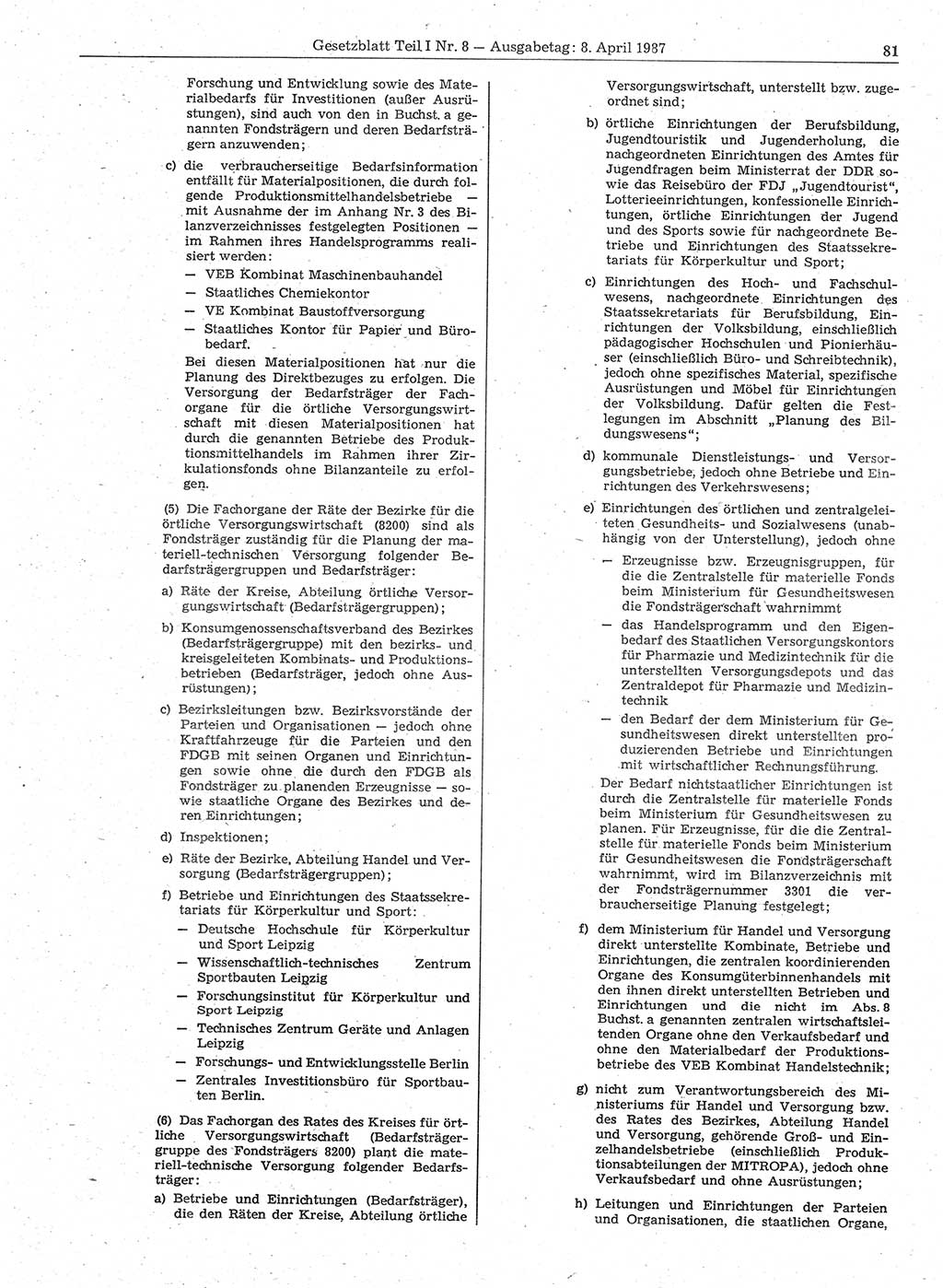 Gesetzblatt (GBl.) der Deutschen Demokratischen Republik (DDR) Teil Ⅰ 1987, Seite 81 (GBl. DDR Ⅰ 1987, S. 81)