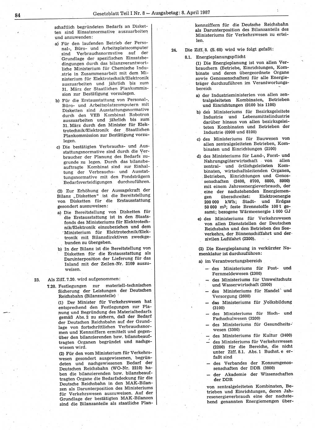 Gesetzblatt (GBl.) der Deutschen Demokratischen Republik (DDR) Teil Ⅰ 1987, Seite 84 (GBl. DDR Ⅰ 1987, S. 84)