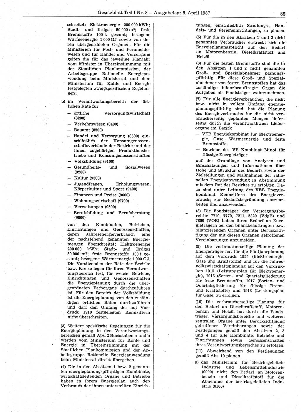 Gesetzblatt (GBl.) der Deutschen Demokratischen Republik (DDR) Teil Ⅰ 1987, Seite 85 (GBl. DDR Ⅰ 1987, S. 85)