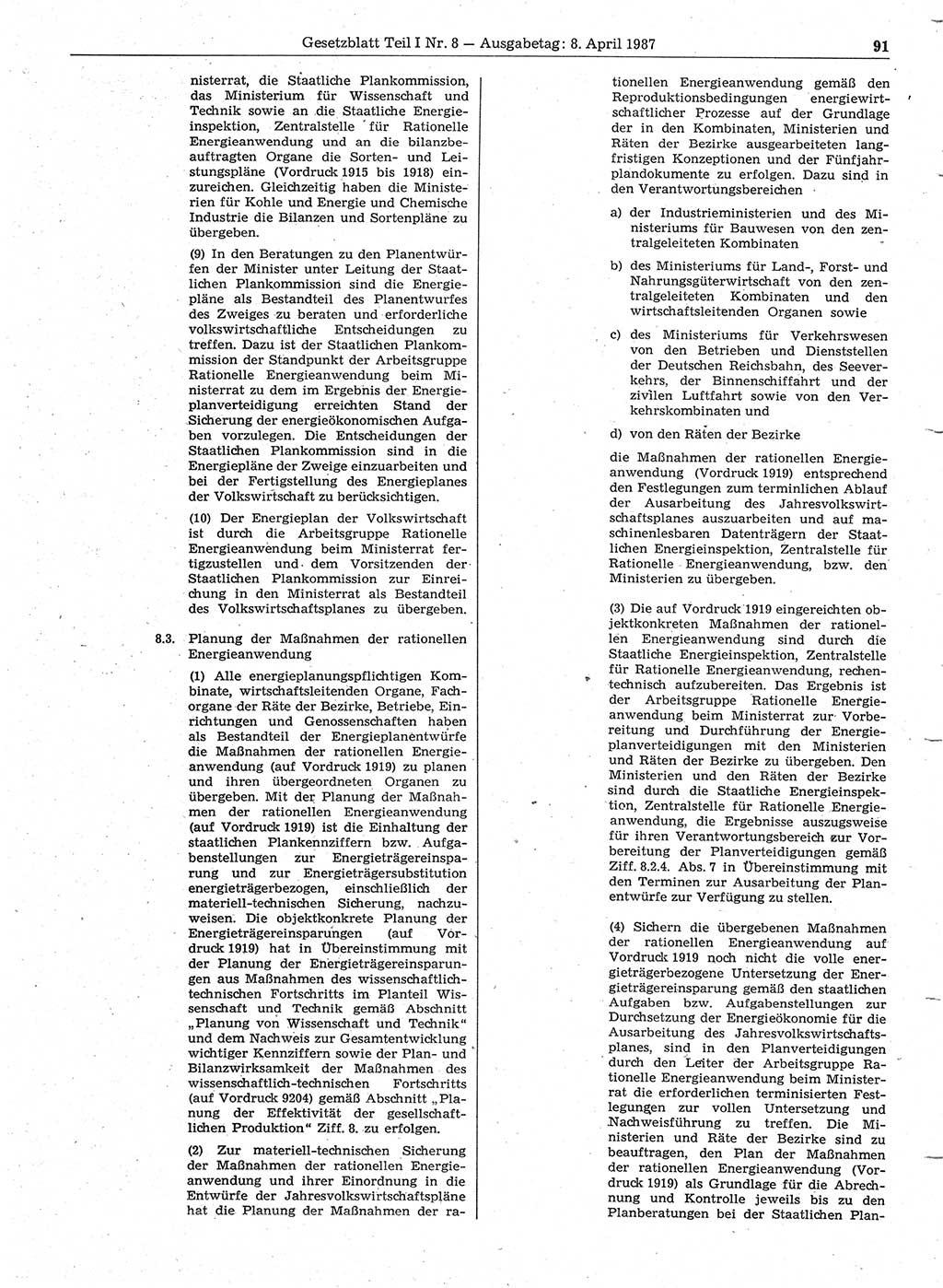 Gesetzblatt (GBl.) der Deutschen Demokratischen Republik (DDR) Teil Ⅰ 1987, Seite 91 (GBl. DDR Ⅰ 1987, S. 91)