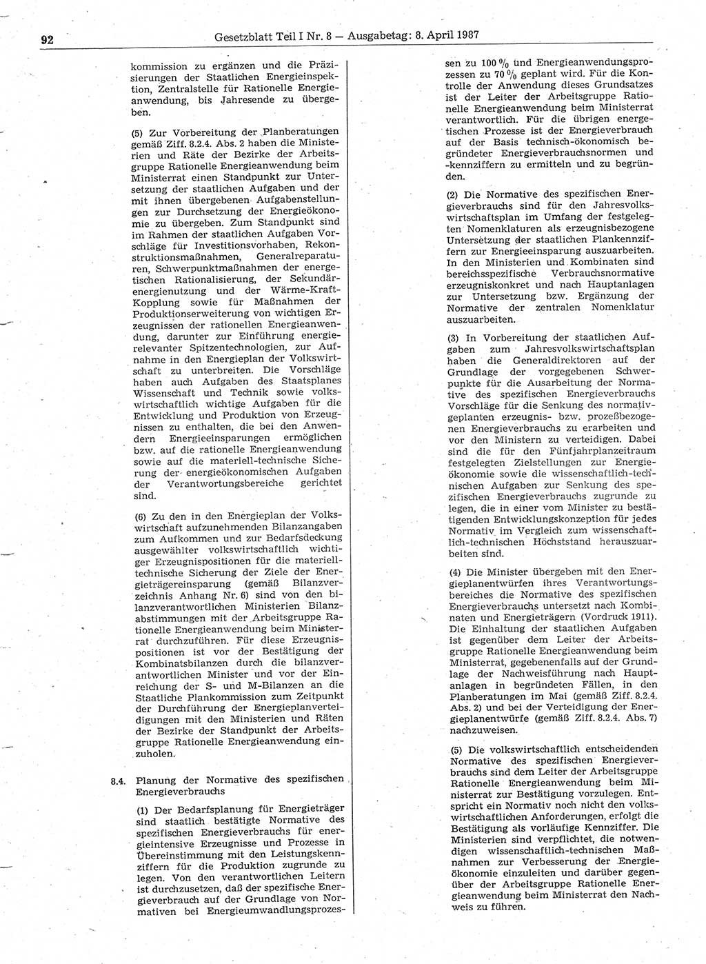 Gesetzblatt (GBl.) der Deutschen Demokratischen Republik (DDR) Teil Ⅰ 1987, Seite 92 (GBl. DDR Ⅰ 1987, S. 92)