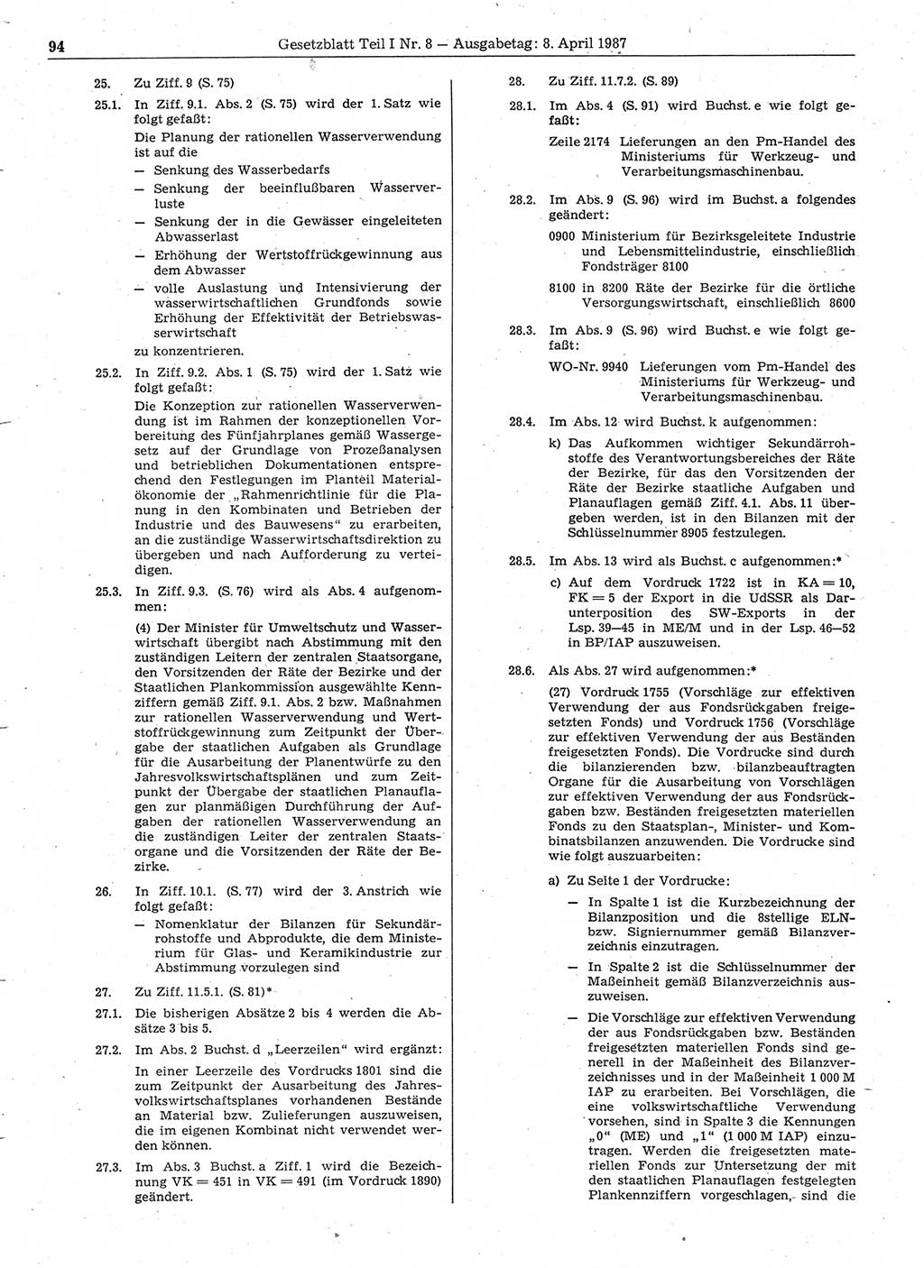 Gesetzblatt (GBl.) der Deutschen Demokratischen Republik (DDR) Teil Ⅰ 1987, Seite 94 (GBl. DDR Ⅰ 1987, S. 94)