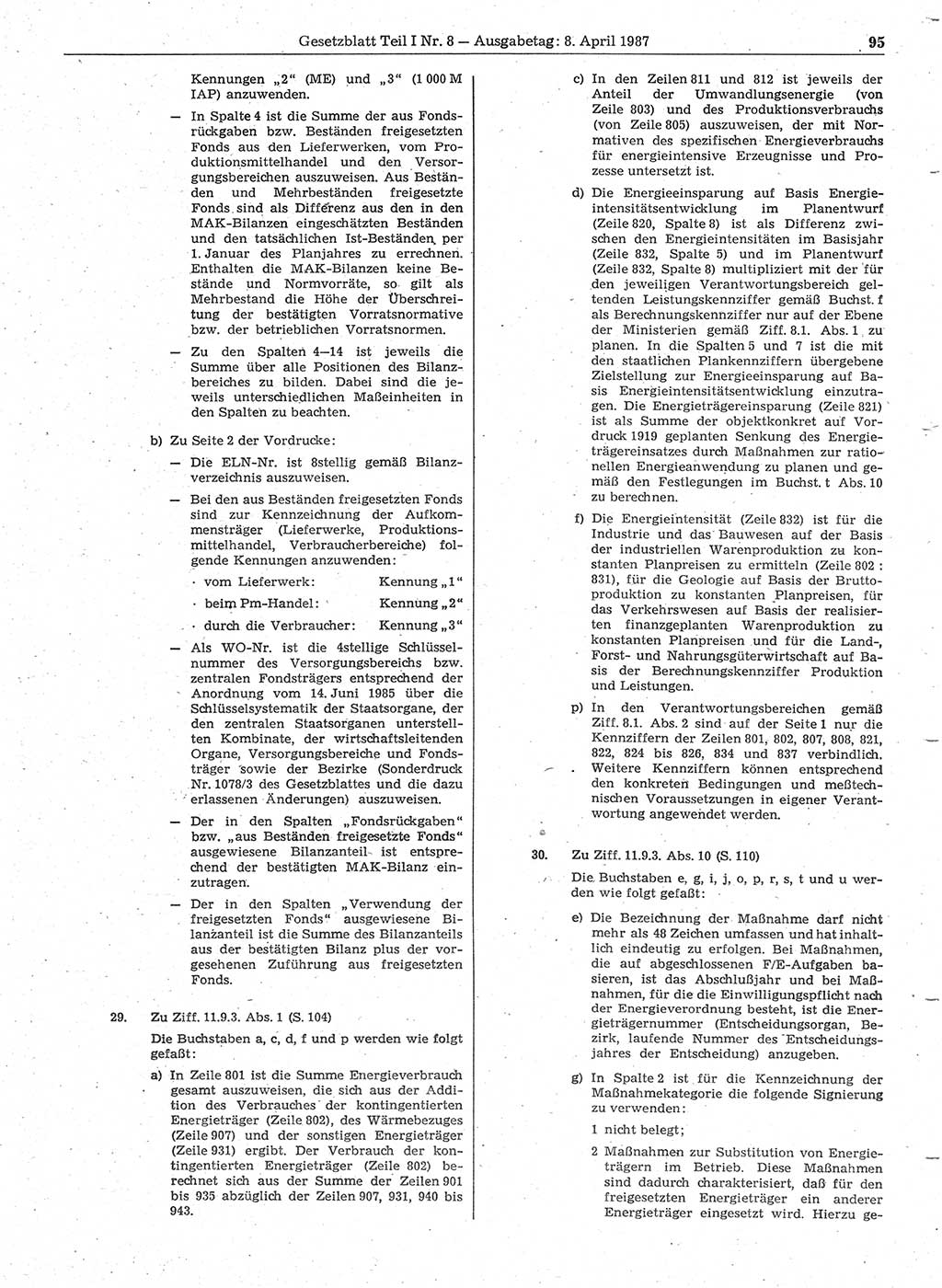 Gesetzblatt (GBl.) der Deutschen Demokratischen Republik (DDR) Teil Ⅰ 1987, Seite 95 (GBl. DDR Ⅰ 1987, S. 95)
