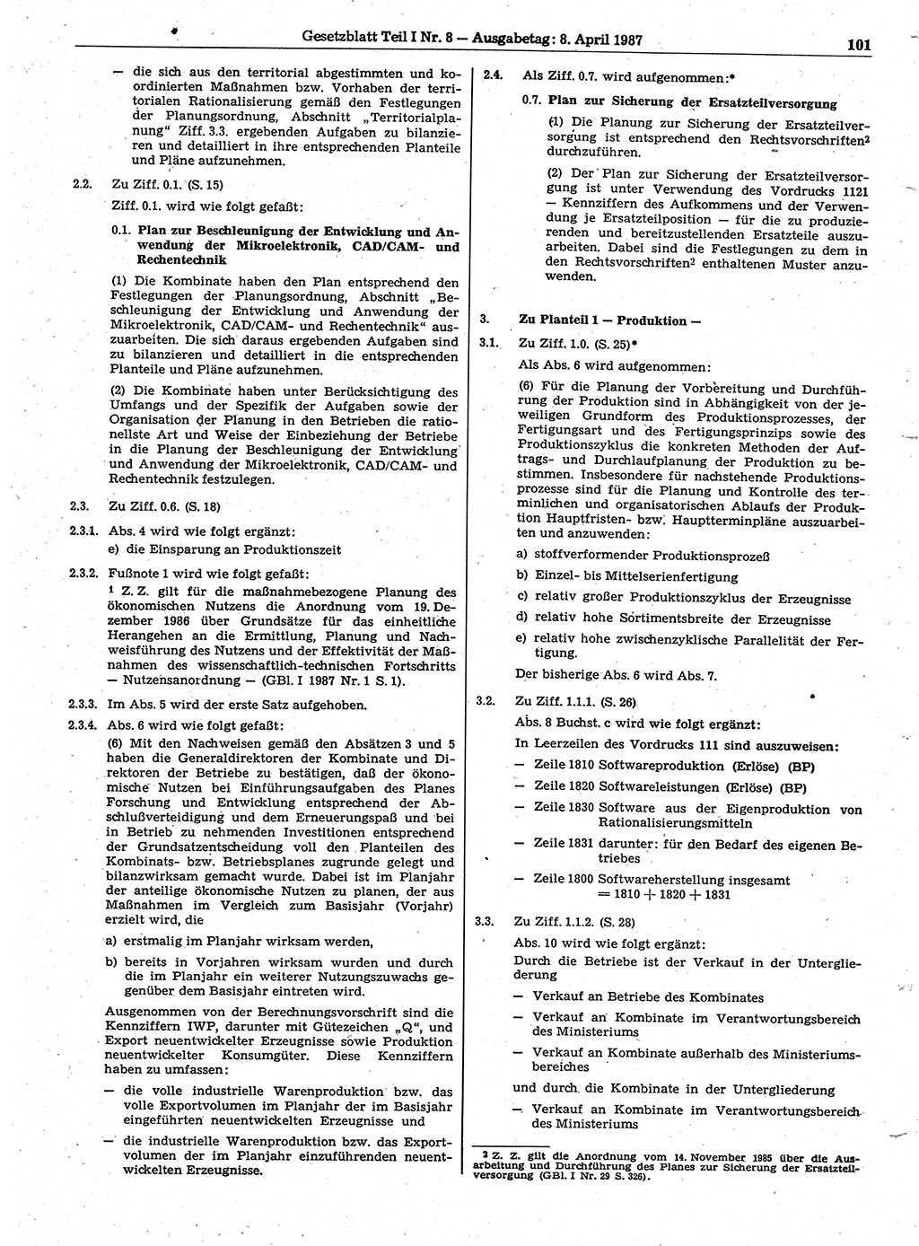 Gesetzblatt (GBl.) der Deutschen Demokratischen Republik (DDR) Teil Ⅰ 1987, Seite 101 (GBl. DDR Ⅰ 1987, S. 101)