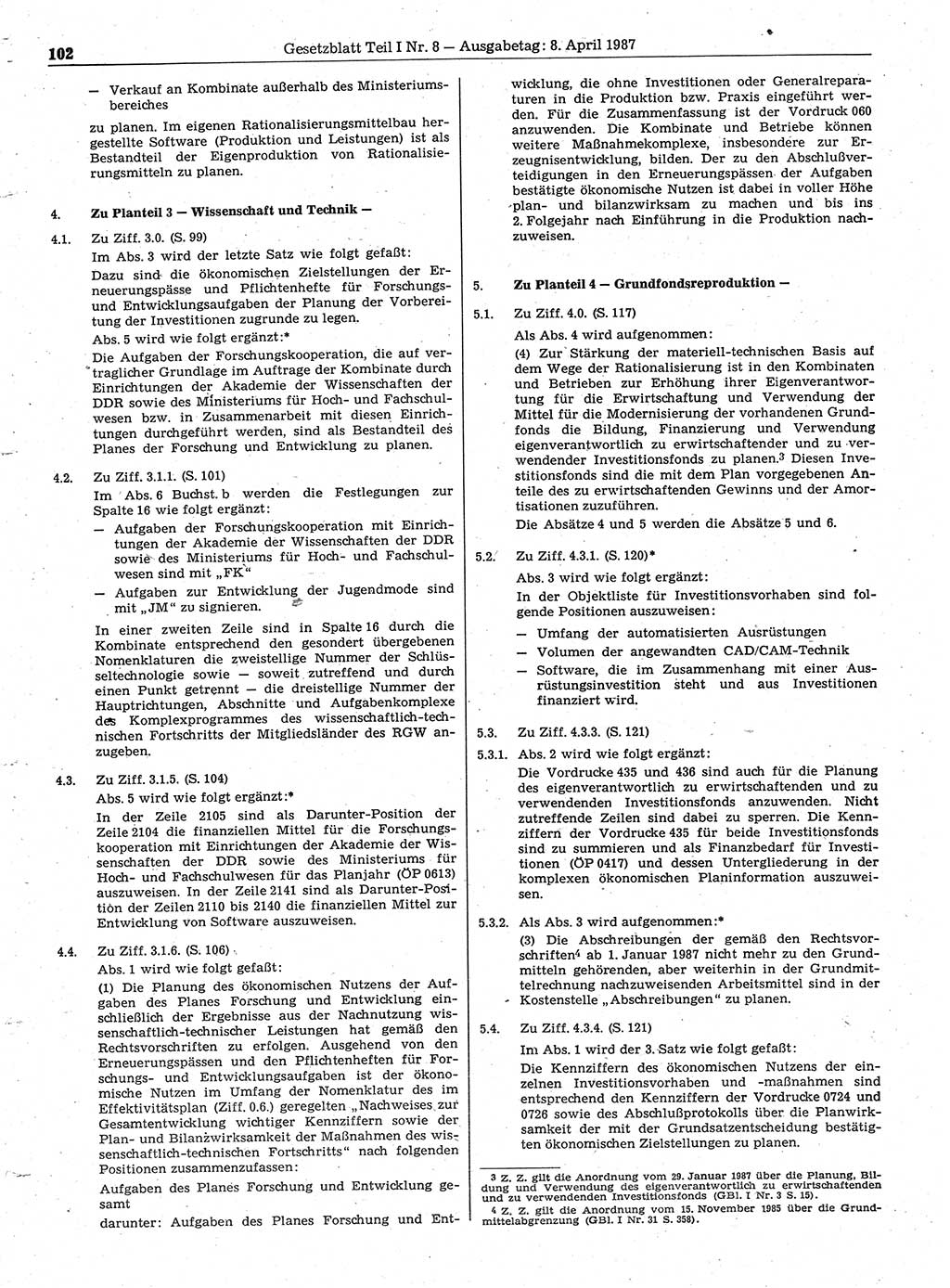 Gesetzblatt (GBl.) der Deutschen Demokratischen Republik (DDR) Teil Ⅰ 1987, Seite 102 (GBl. DDR Ⅰ 1987, S. 102)