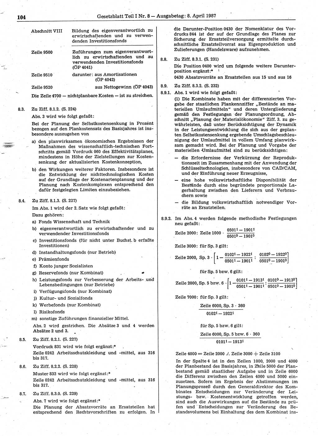 Gesetzblatt (GBl.) der Deutschen Demokratischen Republik (DDR) Teil Ⅰ 1987, Seite 104 (GBl. DDR Ⅰ 1987, S. 104)