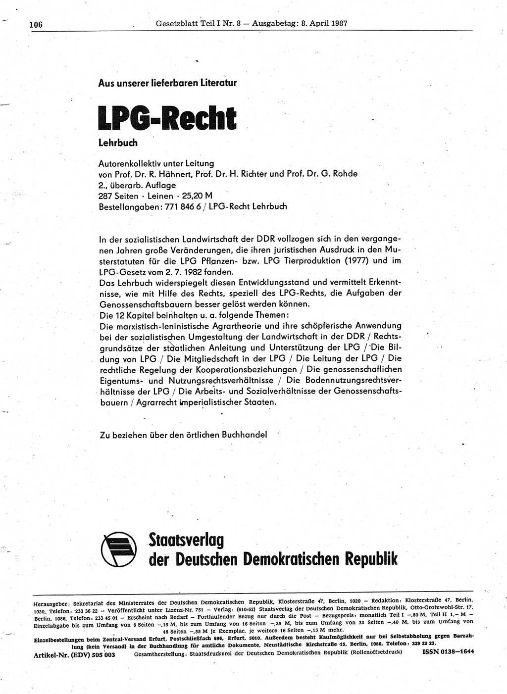 Gesetzblatt (GBl.) der Deutschen Demokratischen Republik (DDR) Teil Ⅰ 1987, Seite 106 (GBl. DDR Ⅰ 1987, S. 106)