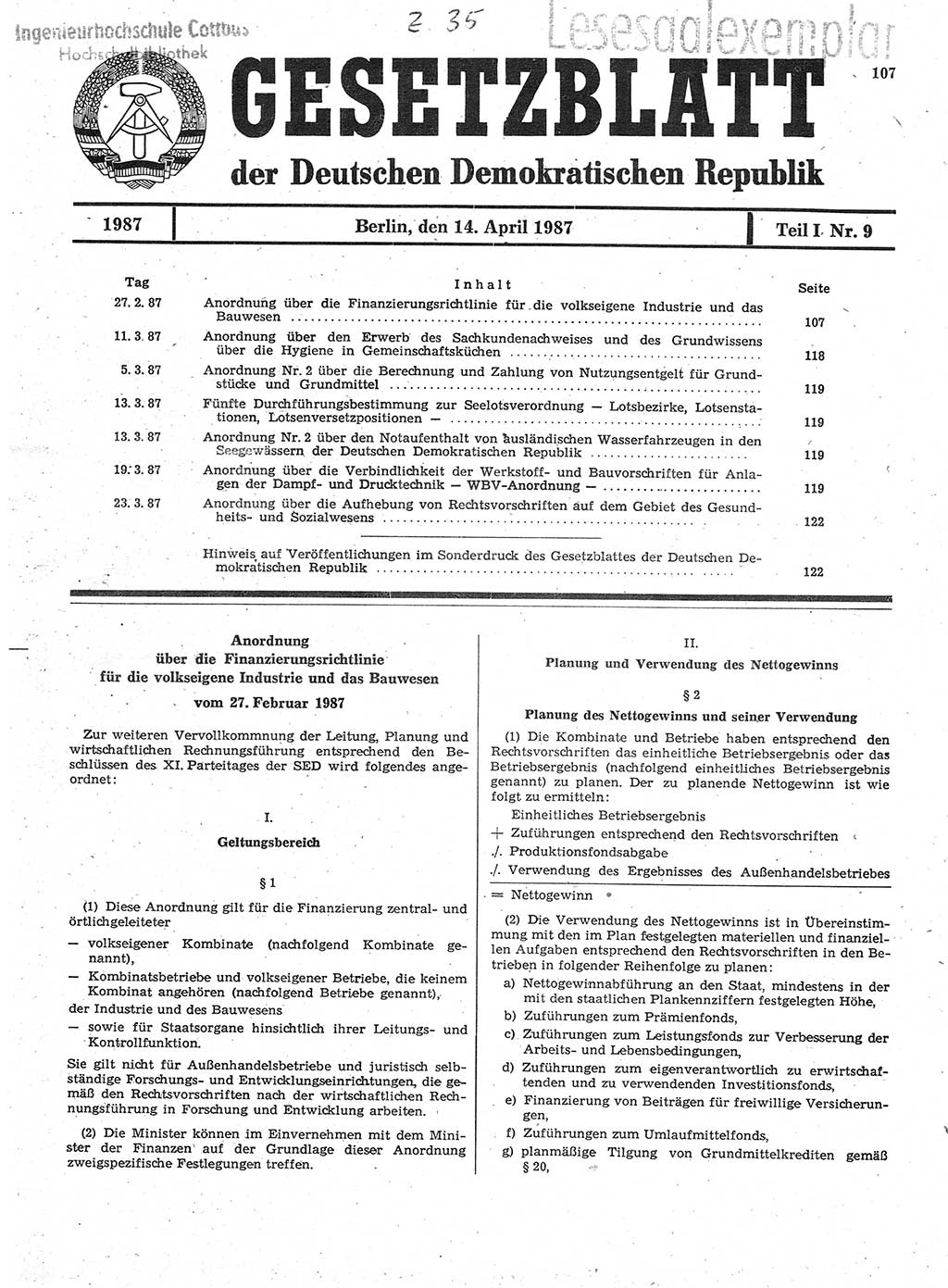 Gesetzblatt (GBl.) der Deutschen Demokratischen Republik (DDR) Teil Ⅰ 1987, Seite 107 (GBl. DDR Ⅰ 1987, S. 107)