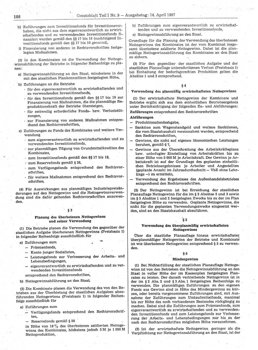 Gesetzblatt (GBl.) der Deutschen Demokratischen Republik (DDR) Teil Ⅰ 1987, Seite 108 (GBl. DDR Ⅰ 1987, S. 108)