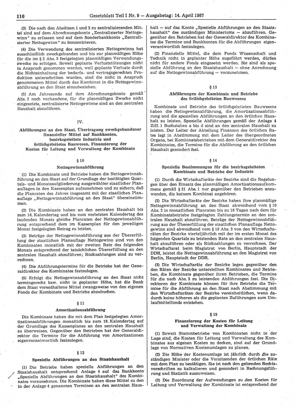 Gesetzblatt (GBl.) der Deutschen Demokratischen Republik (DDR) Teil Ⅰ 1987, Seite 110 (GBl. DDR Ⅰ 1987, S. 110)