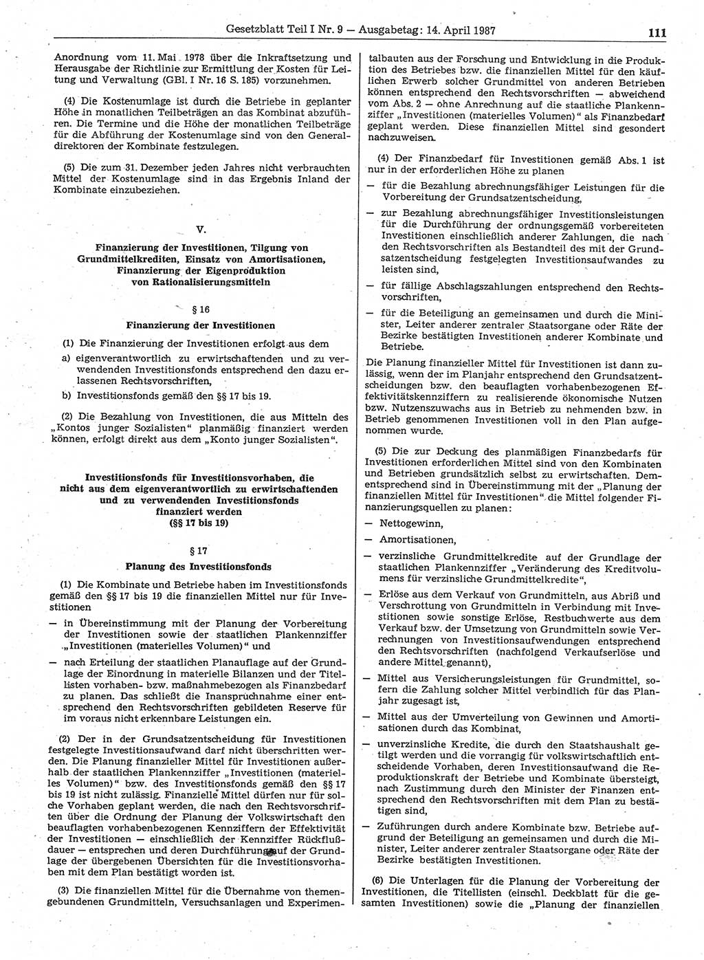 Gesetzblatt (GBl.) der Deutschen Demokratischen Republik (DDR) Teil Ⅰ 1987, Seite 111 (GBl. DDR Ⅰ 1987, S. 111)