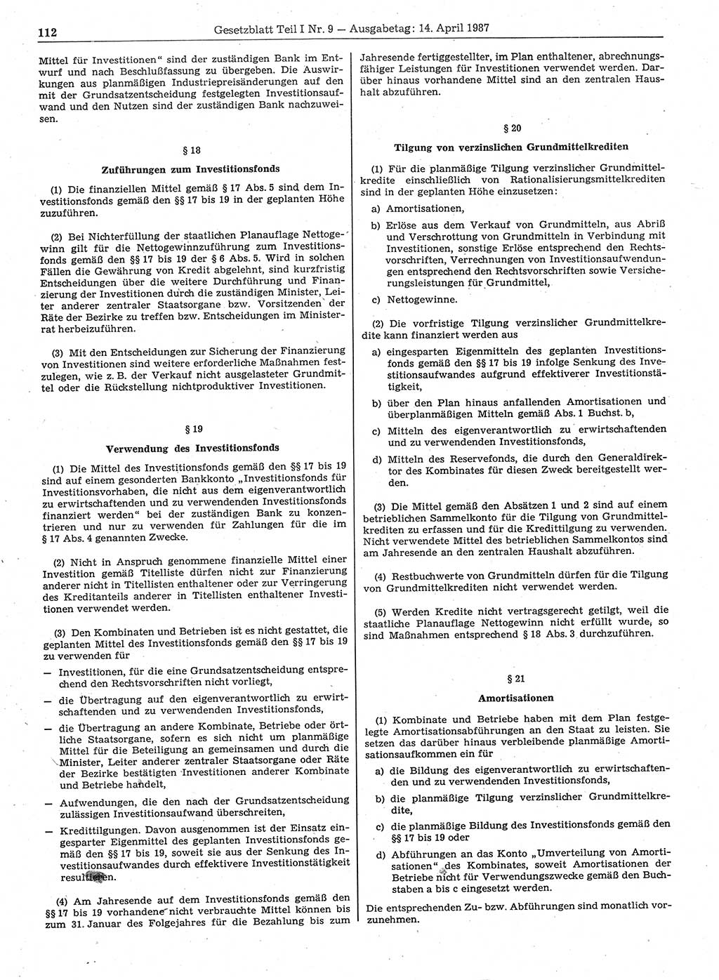 Gesetzblatt (GBl.) der Deutschen Demokratischen Republik (DDR) Teil Ⅰ 1987, Seite 112 (GBl. DDR Ⅰ 1987, S. 112)