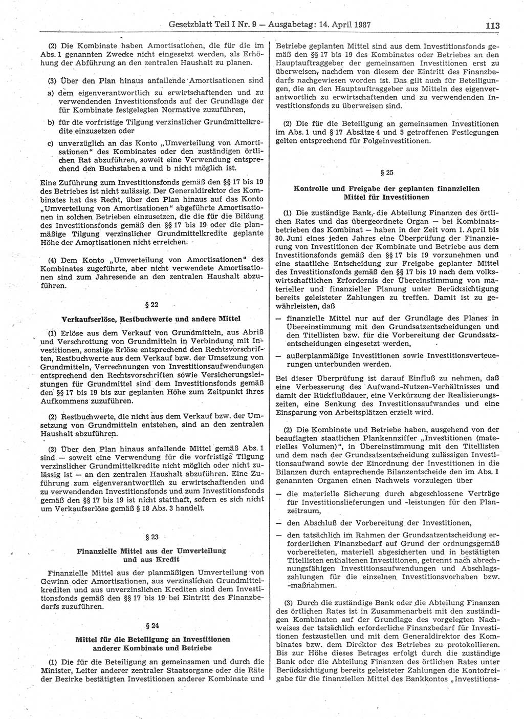 Gesetzblatt (GBl.) der Deutschen Demokratischen Republik (DDR) Teil Ⅰ 1987, Seite 113 (GBl. DDR Ⅰ 1987, S. 113)